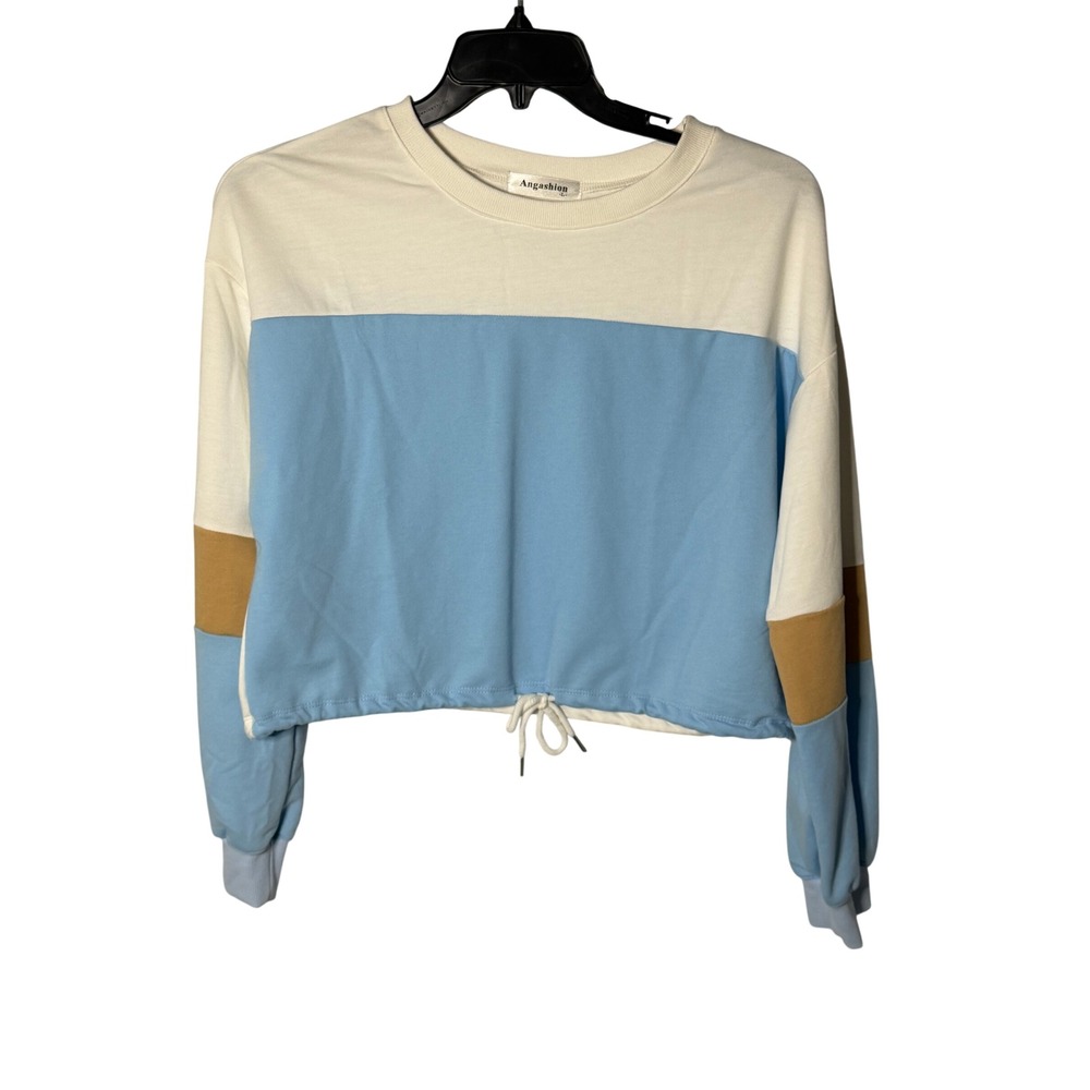 Angashion Womens Colorblock Cropped Sweatshirt Blue Cream Tan Drawstring Large